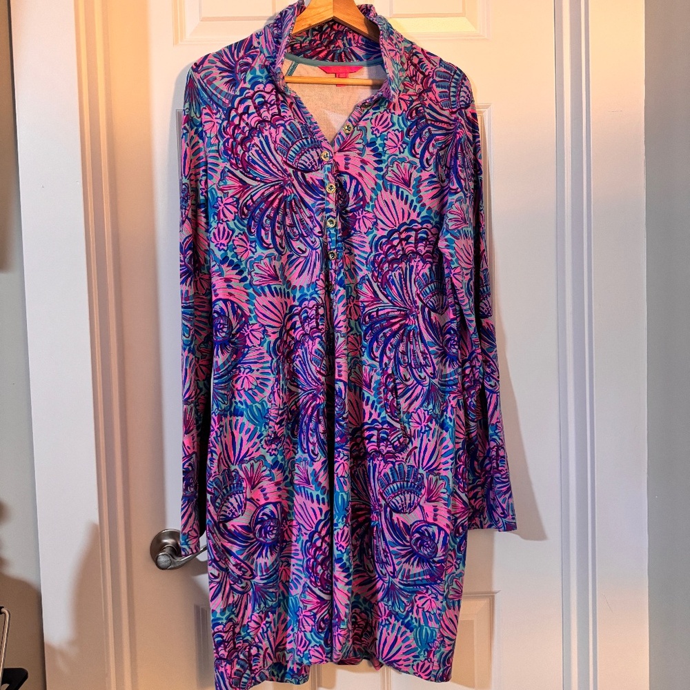Lilly Pulitzer Captain Popover Dress turquoise oasis shelleidoscope XL EUC